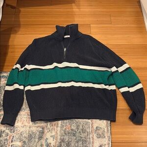 TNA knit Navy and Green Striped Sweater